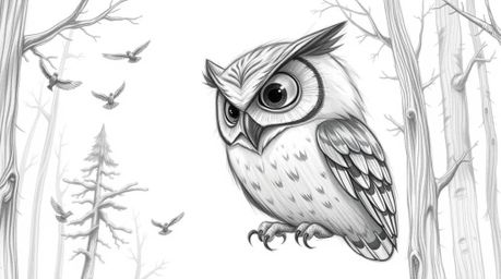 A heartwarming illustration in the style of Pixar depicts a blind owl, rendered with soft, expressive eyes and rough pencil s