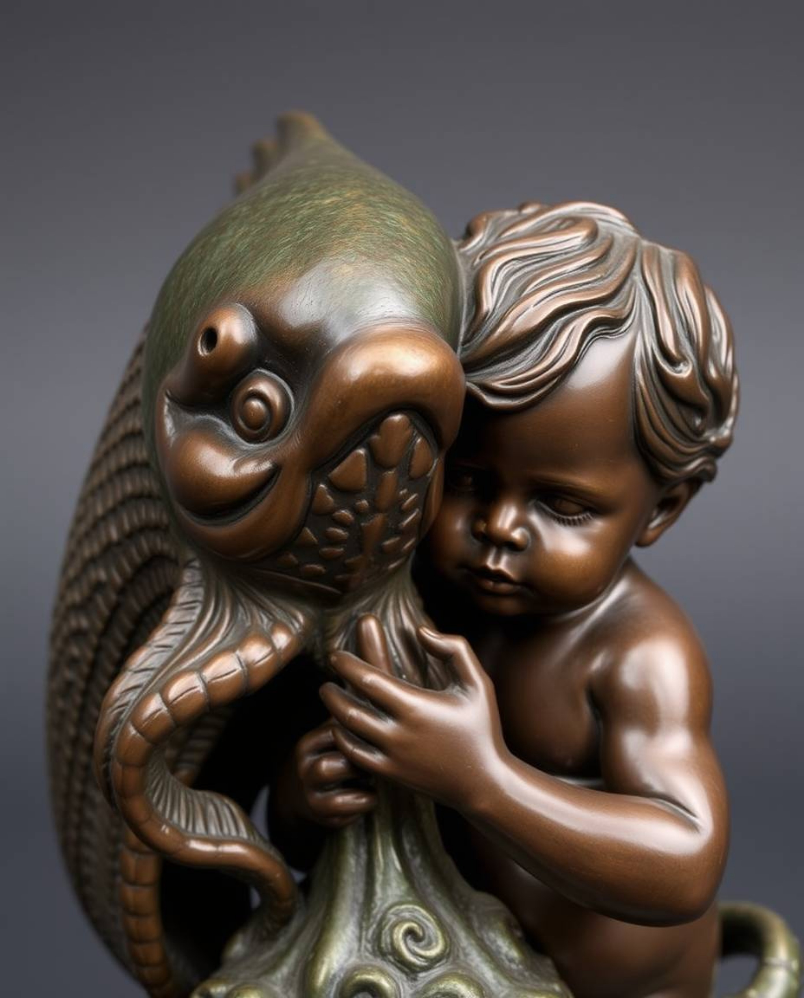 Discover a captivating bronze sculpture depicting an adorable sea creature and a cherubic child, forming an endearing friends