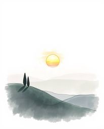This is a hand-drawn sketch of a Tuscan sunset over misty rolling hills, rendered in a color sketchnote style. The artwork is