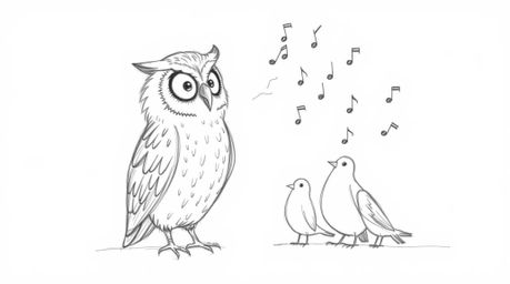 A captivating hand-drawn sketch in Pixar style depicting a wise, blind owl imparting invaluable flight wisdom to a group of e