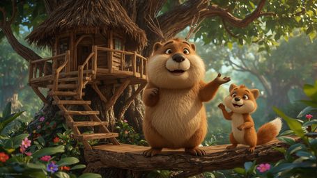A vibrant, high-resolution stock photo, in a whimsical, Pixar-inspired style, of a happy beaver with warm, golden-brown fur b