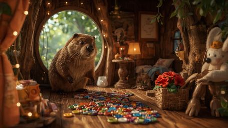 A high-resolution, commercially professional stock photo, reminiscent of Pixar's whimsical style, depicts a busy beaver with