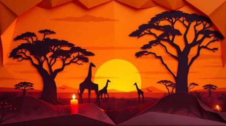 A captivating origami illustration depicts a serene sunset over the African savanna. Silhouetted giraffes stand majestically 