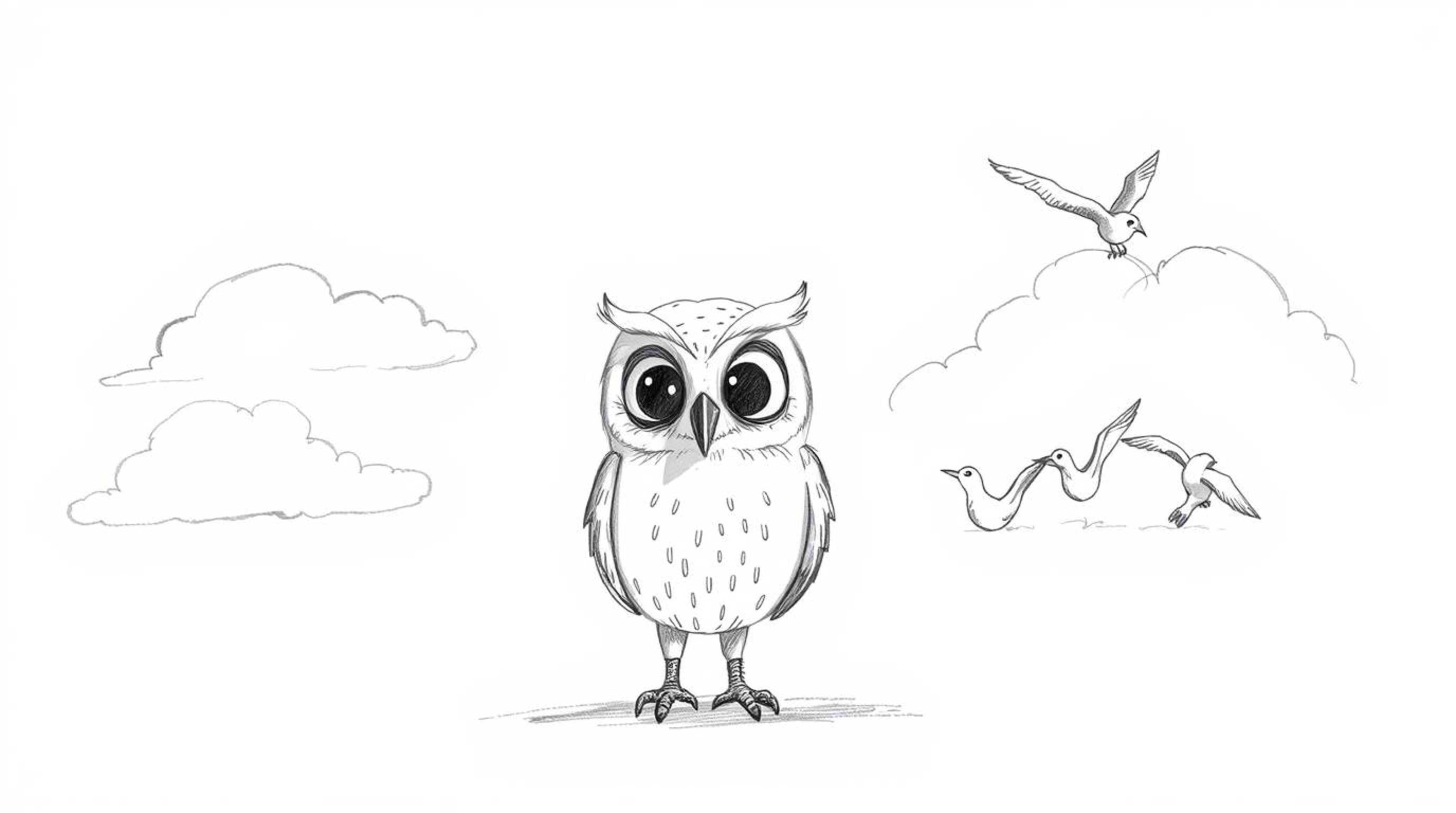 This charming hand-drawn sketch, created in the style of Pixar, depicts a blind owl with soft feathers and large, expressive 