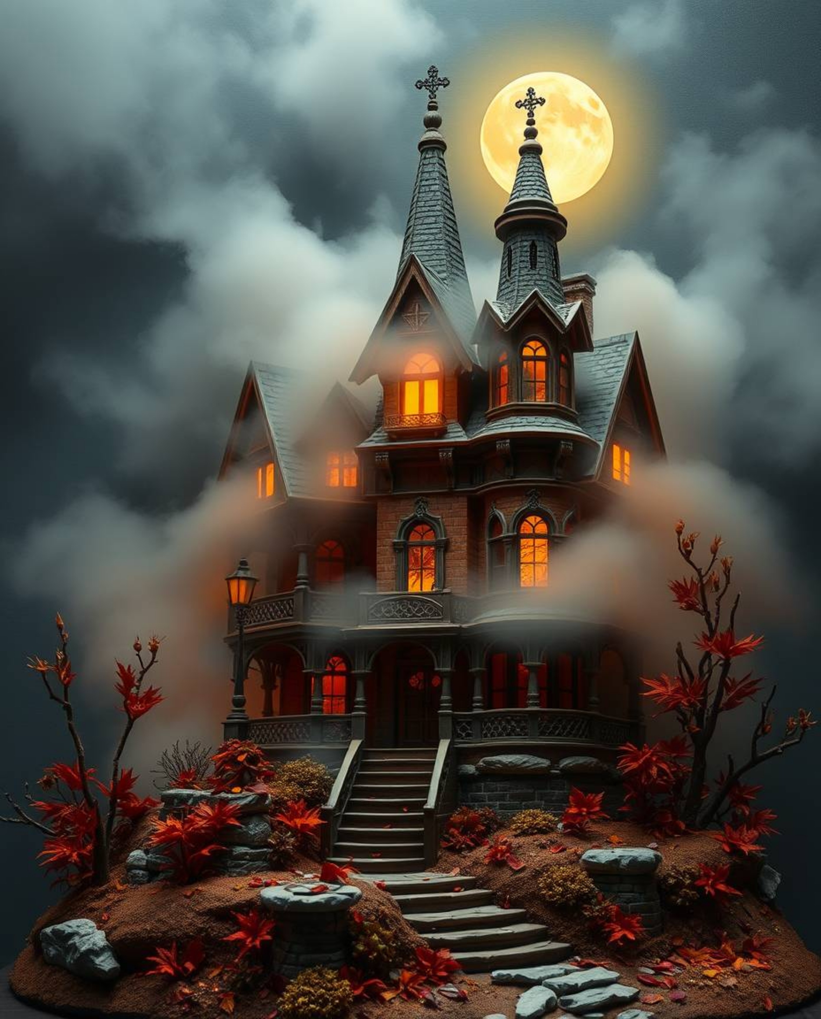 An ethereal and spiritual scene unfolds with a fog-covered Victorian mansion bathed in soft moonlight. This artwork, sculpted
