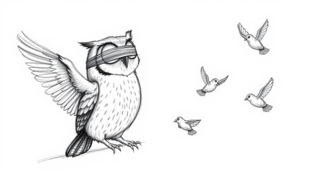 A heartwarming hand-drawn sketch in the style of Pixar depicts a blind owl patiently instructing small birds in flight. The o