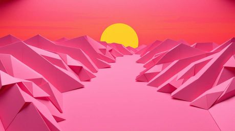 A mesmerizing origami-style artwork captures a winding river illuminated beneath a dramatic orange-pink sky.  The piece maste