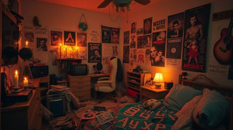 A captivating image of a messy bedroom, bathed in warm candlelight and featuring an array of peculiar gadgets and posters. Th
