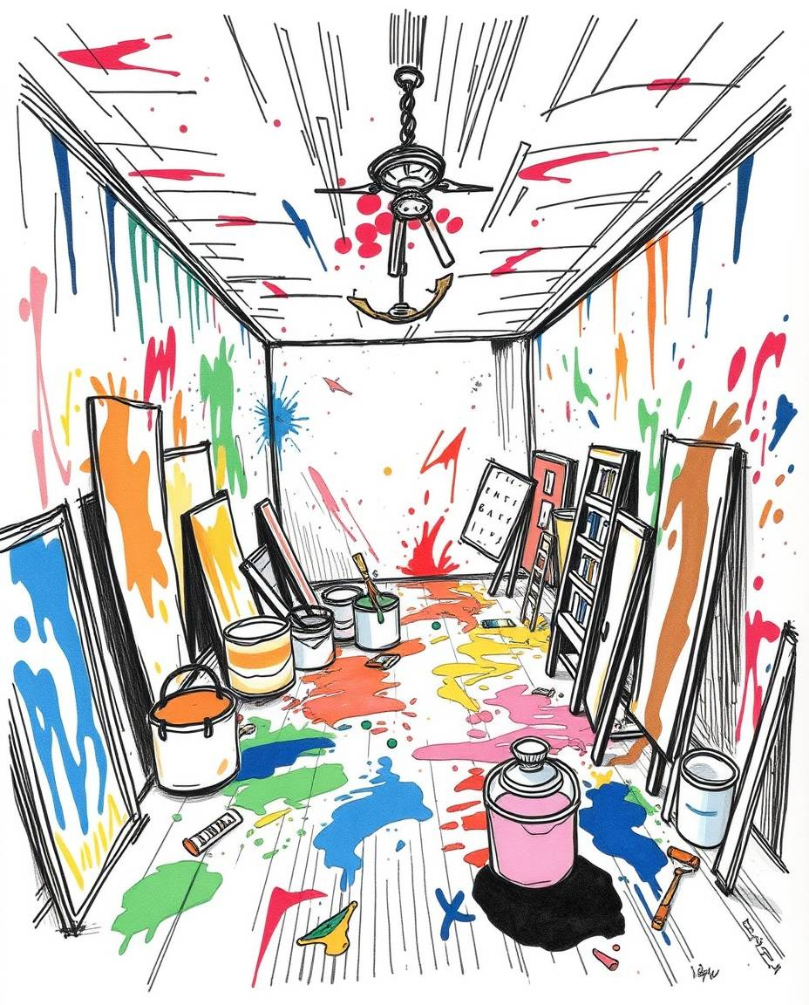 A vibrant and chaotic hand-drawn sketch depicting a room exploding with paint, rendered in a color sketchnote style. The high