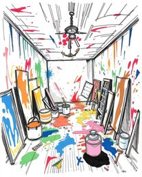 A vibrant and chaotic hand-drawn sketch depicting a room exploding with paint, rendered in a color sketchnote style. The high