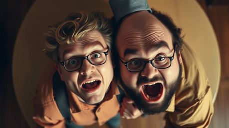 A captivating fine art photograph depicting a hilarious gross-out comedy moment with exaggerated facial expressions.  Shot fr