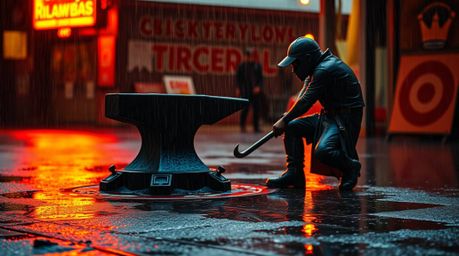 A warm and wet scene depicting an anvil about to strike a trickster character, set against a backdrop of drizzling rain and r