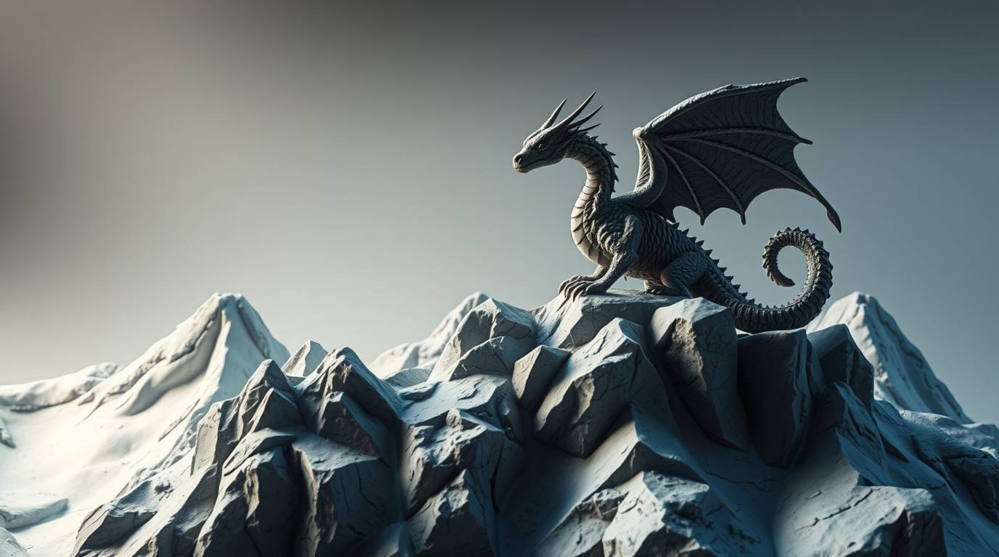 This artwork depicts a dramatic scene of a dragon and rider soaring above icy mountains. Crafted from clay with a textured su