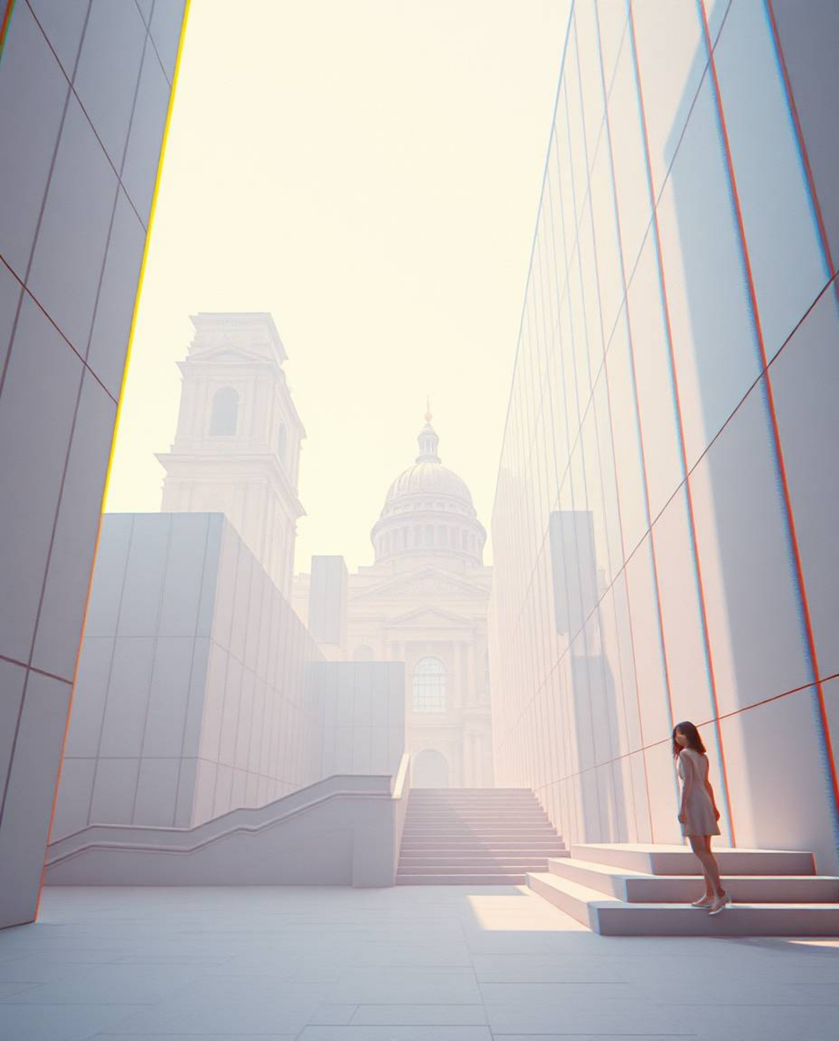 Explore the captivating fusion of soft, dreamy aesthetics and precise architectural color photography in this digital glitch 