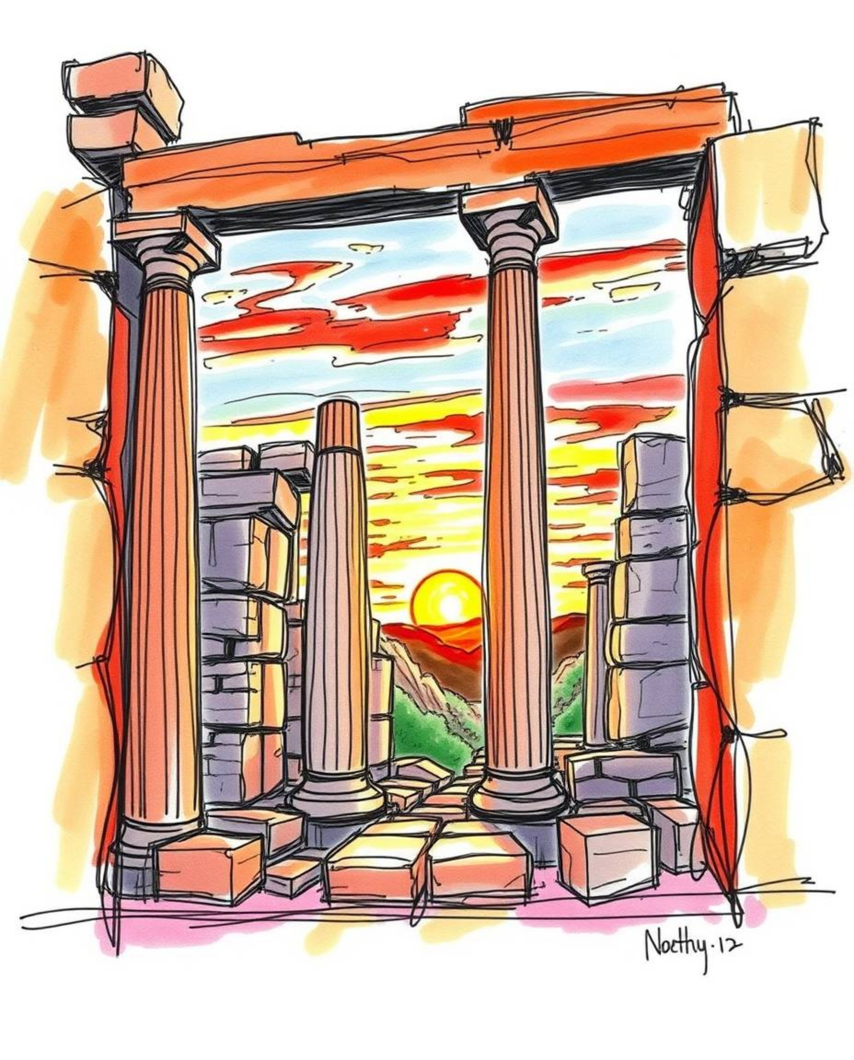 A hand-drawn sketch of ancient stone ruins at sunset, rendered in a vibrant color sketchnote style. This artwork features con