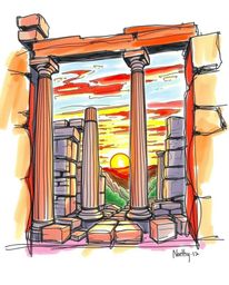 A hand-drawn sketch of ancient stone ruins at sunset, rendered in a vibrant color sketchnote style. This artwork features con