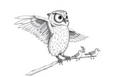 This artwork features a hand-drawn, Pixar-style sketch of a blind owl, its feathers depicted with textured pencil strokes, pa
