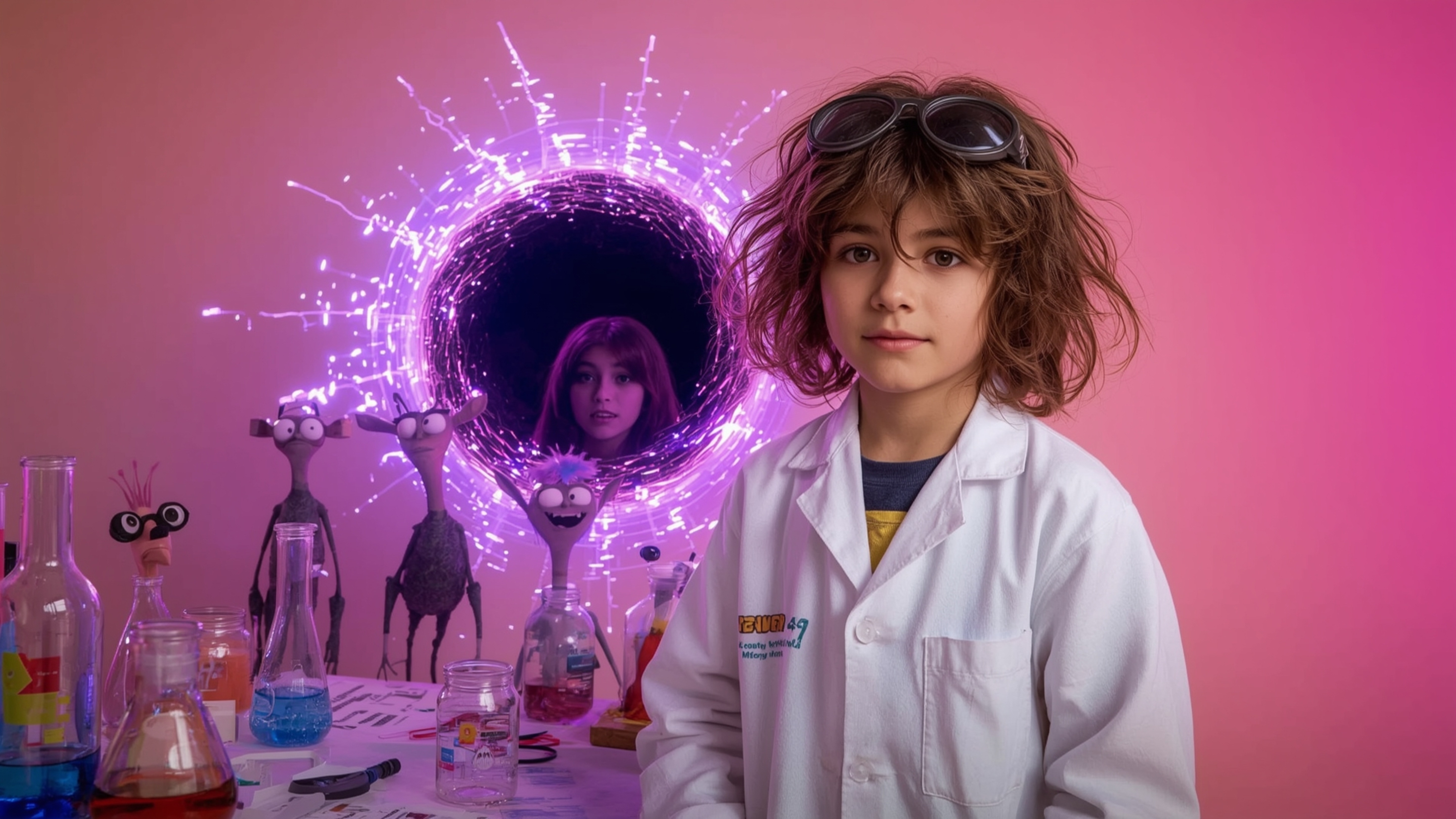 A vibrant, cinematic photograph, in a whimsical style reminiscent of Pixar, captures a science fair duo—a curious-looking boy