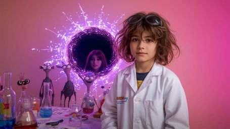 A vibrant, cinematic photograph, in a whimsical style reminiscent of Pixar, captures a science fair duo—a curious-looking boy