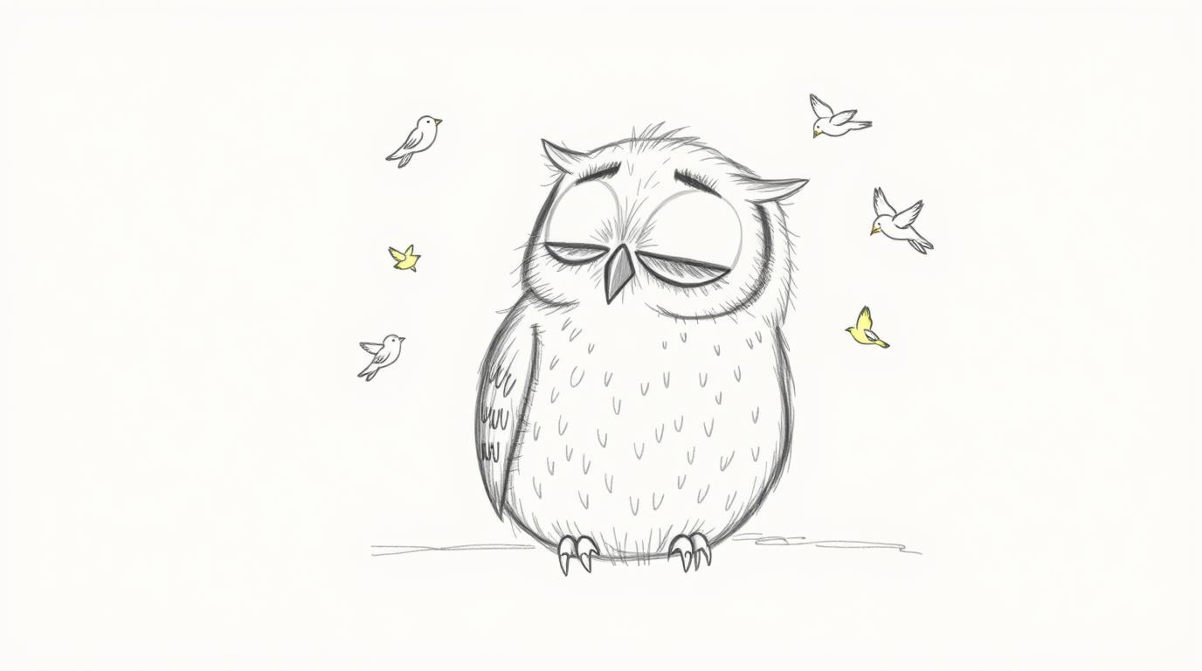 A hand-drawn pencil sketch in the style of Pixar features a blind owl with a soft, feathery texture, peacefully resting again