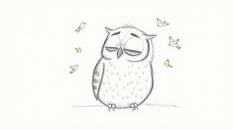 A hand-drawn pencil sketch in the style of Pixar features a blind owl with a soft, feathery texture, peacefully resting again