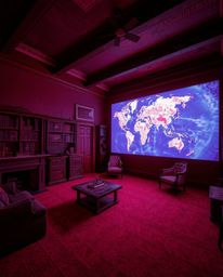 This surreal infrared image captures a glowing map projected in the air within an old study, creating a captivating scene wit