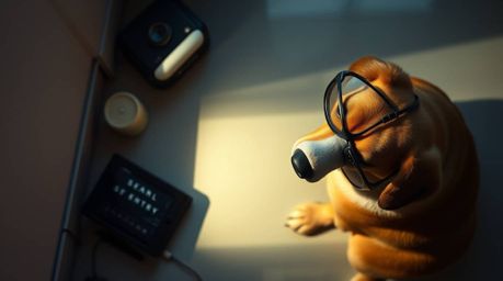 Experience a unique top-down perspective of a dog detective equipped with cutting-edge high-tech gadgets. Bathed in gentle, s