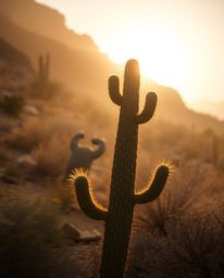 A desert cactus glows in the sun's last rays, captured within a soft cinematic haze. The artwork is characterized by dynamic 
