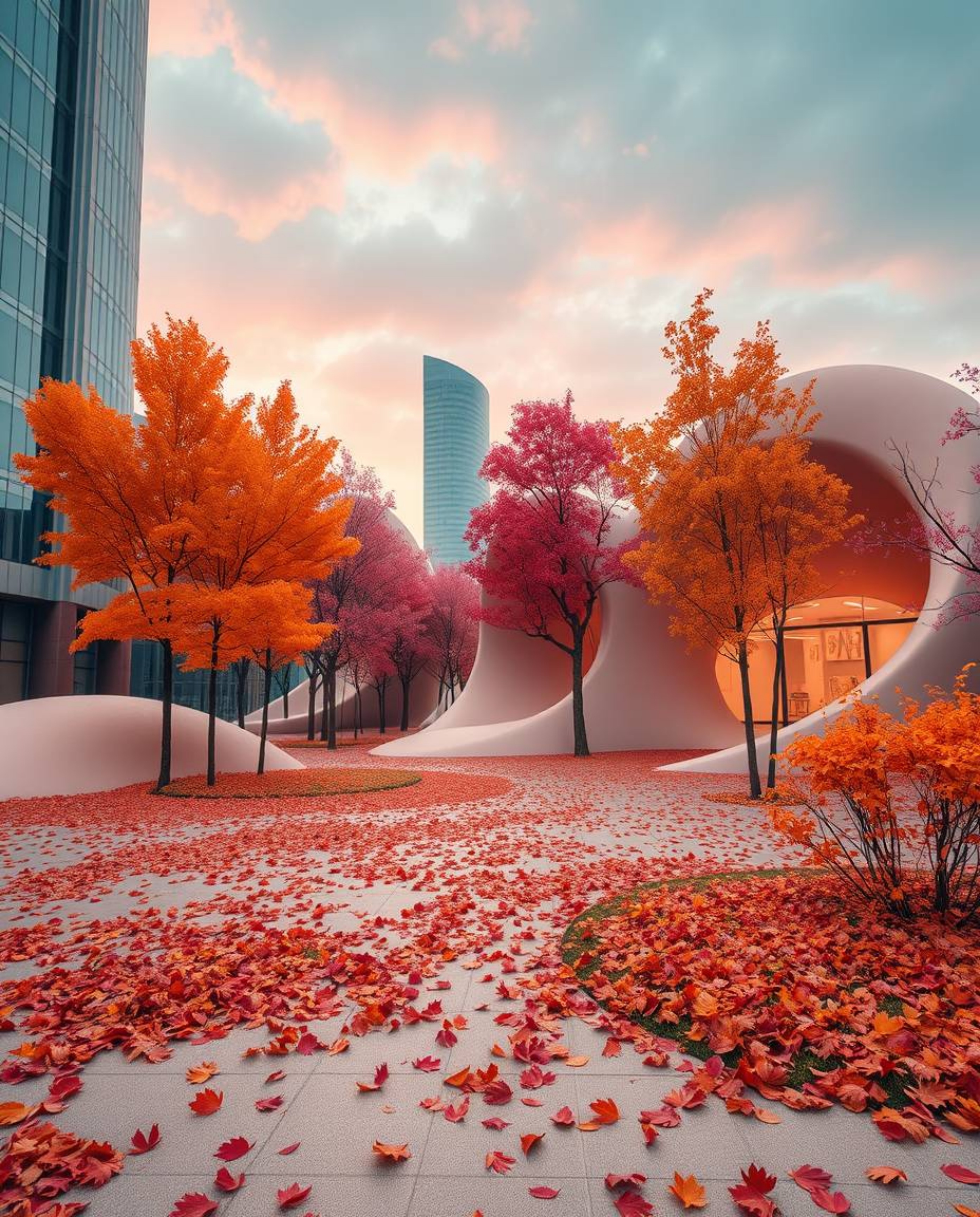 Explore a captivating blend of warm autumn colors and futuristic 3D shapes in candid urban photography.  This collection feat