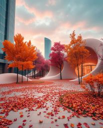 Explore a captivating blend of warm autumn colors and futuristic 3D shapes in candid urban photography.  This collection feat