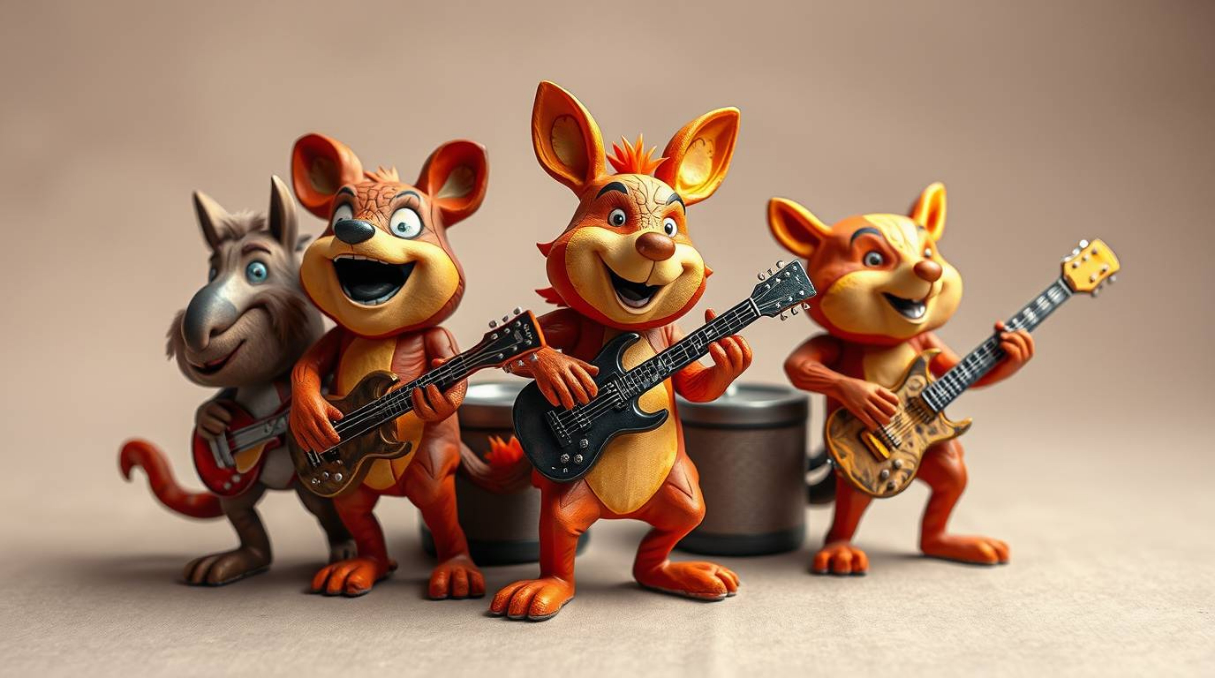 A vibrant illustration depicts a cartoon animal rock band crafted from layered papier-mâché.  The artwork features sculpted t