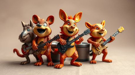 A vibrant illustration depicts a cartoon animal rock band crafted from layered papier-mâché.  The artwork features sculpted t