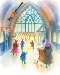 A delicate watercolor painting depicts a magical school brimming with young wizards.  The artwork exudes an ethereal and spir