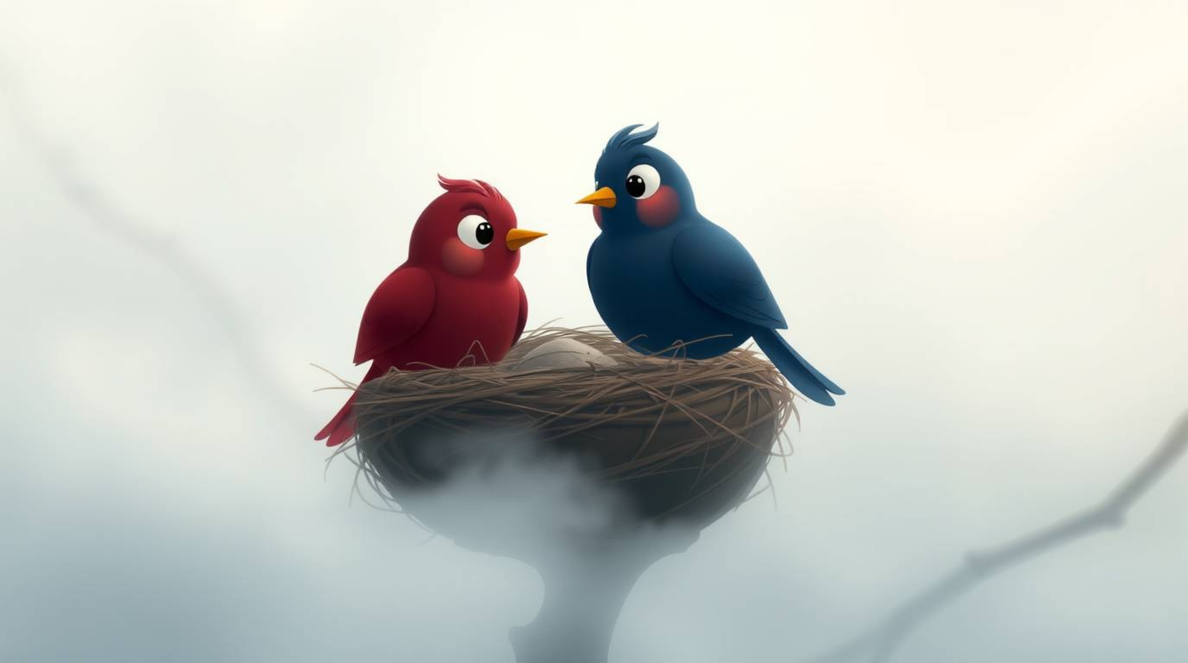 A soft, dreamy atmosphere featuring two cartoon birds in a classic animation style, diligently building a nest amidst rich bu