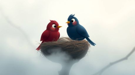 A soft, dreamy atmosphere featuring two cartoon birds in a classic animation style, diligently building a nest amidst rich bu