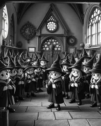 Capture the timeless elegance of a classic black and white photograph featuring an adorable and charming magical school bustl