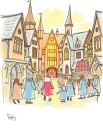 A captivating hand-drawn sketchnote depicts a magical school brimming with young wizards, bathed in the warm glow of golden h