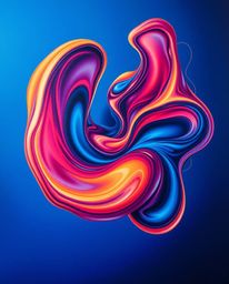 Explore a high-angle perspective of a bold acrylic painting featuring futuristic 3D fluid shapes with mesmerizing glowing edg