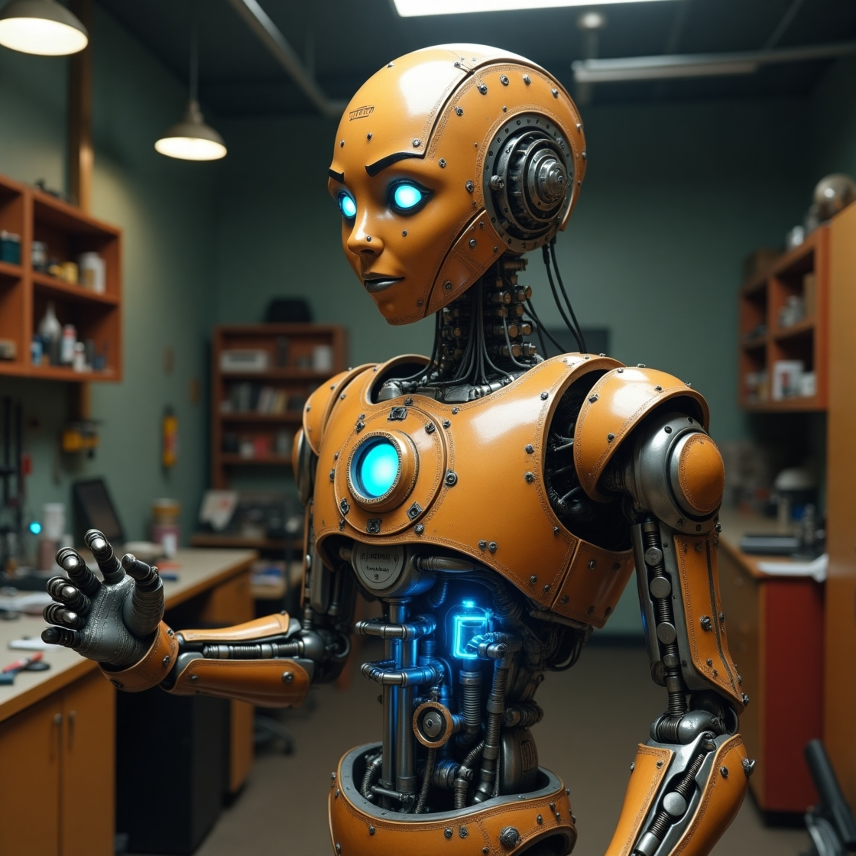 A highly detailed, life-sized robot with a captivating humanoid face is depicted, featuring striking blue eyes and subtle, ex