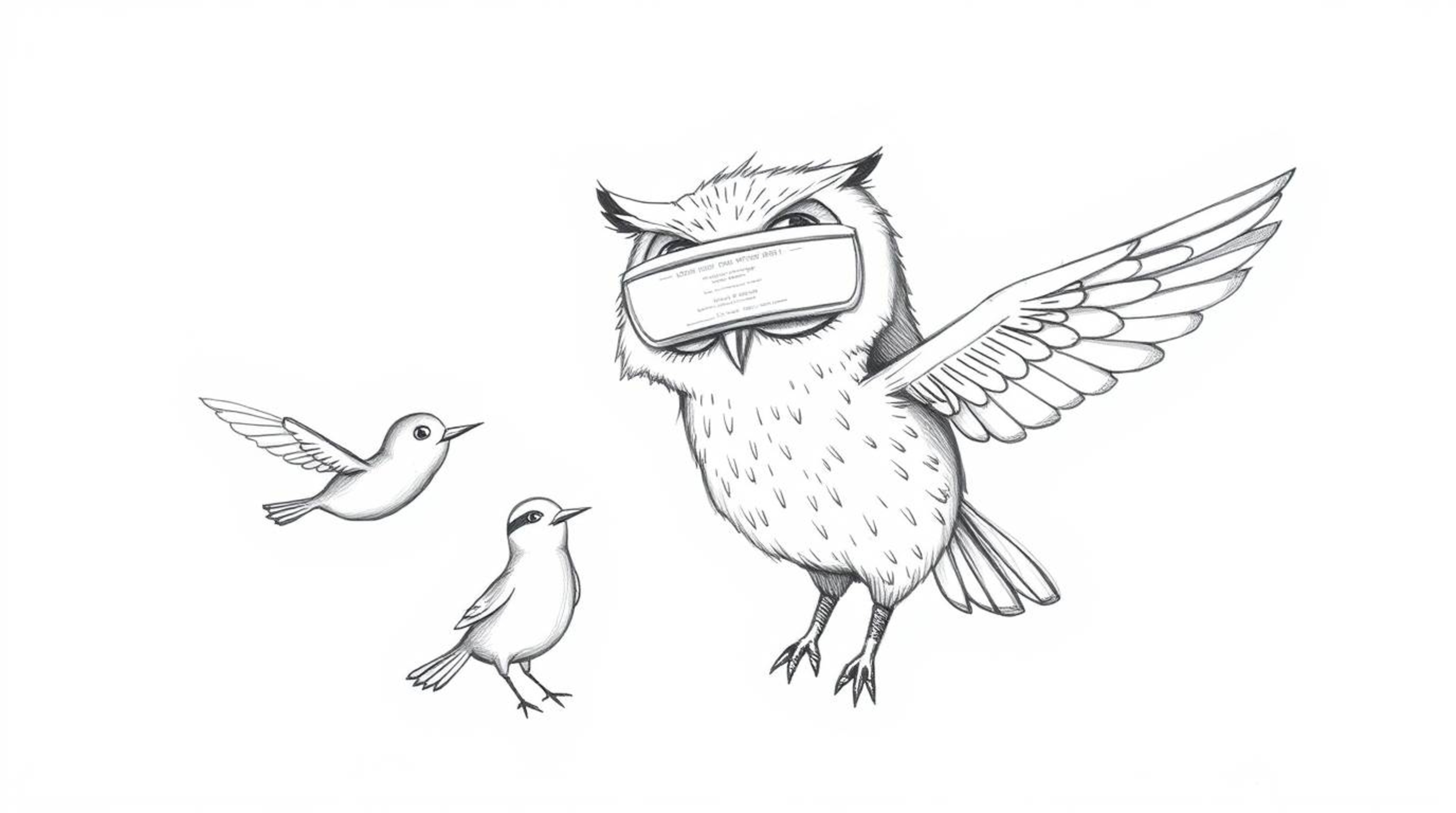 A heartwarming image depicting a blind owl, rendered in a hand-drawn Pixar style sketch, gently guiding a group of birds as t