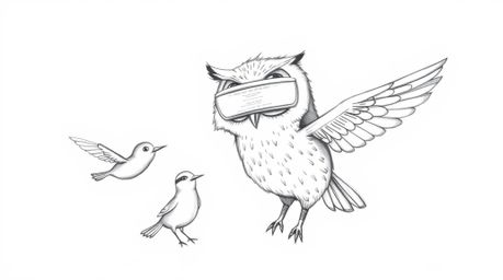 A heartwarming image depicting a blind owl, rendered in a hand-drawn Pixar style sketch, gently guiding a group of birds as t