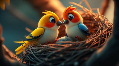 An extreme macro close-up capturing two cartoon birds diligently building their nest in a classic animation style. The image