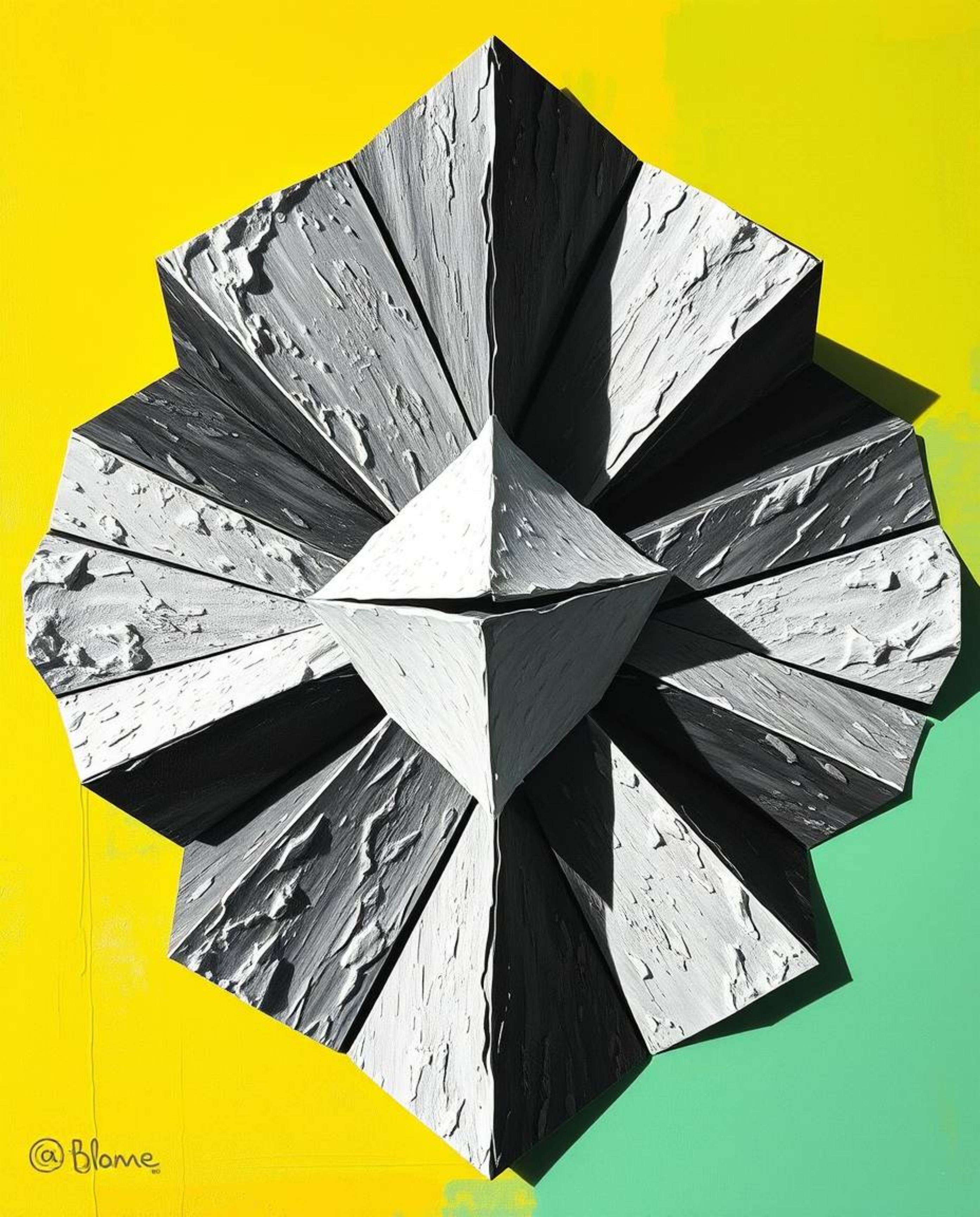 This bold acrylic painting showcases a vibrant and textured split composition. The artwork features a 3D geometric pattern re