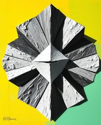 This bold acrylic painting showcases a vibrant and textured split composition. The artwork features a 3D geometric pattern re