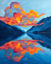 A bold acrylic painting captures the reflections of fiery clouds in a mountain lake. The artwork is characterized by vibrant 