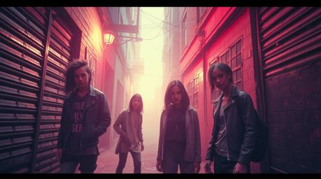 A captivating surreal image depicts rebellious teenagers in a gritty city alley, bathed in soft, dreamy infrared tones.  The 