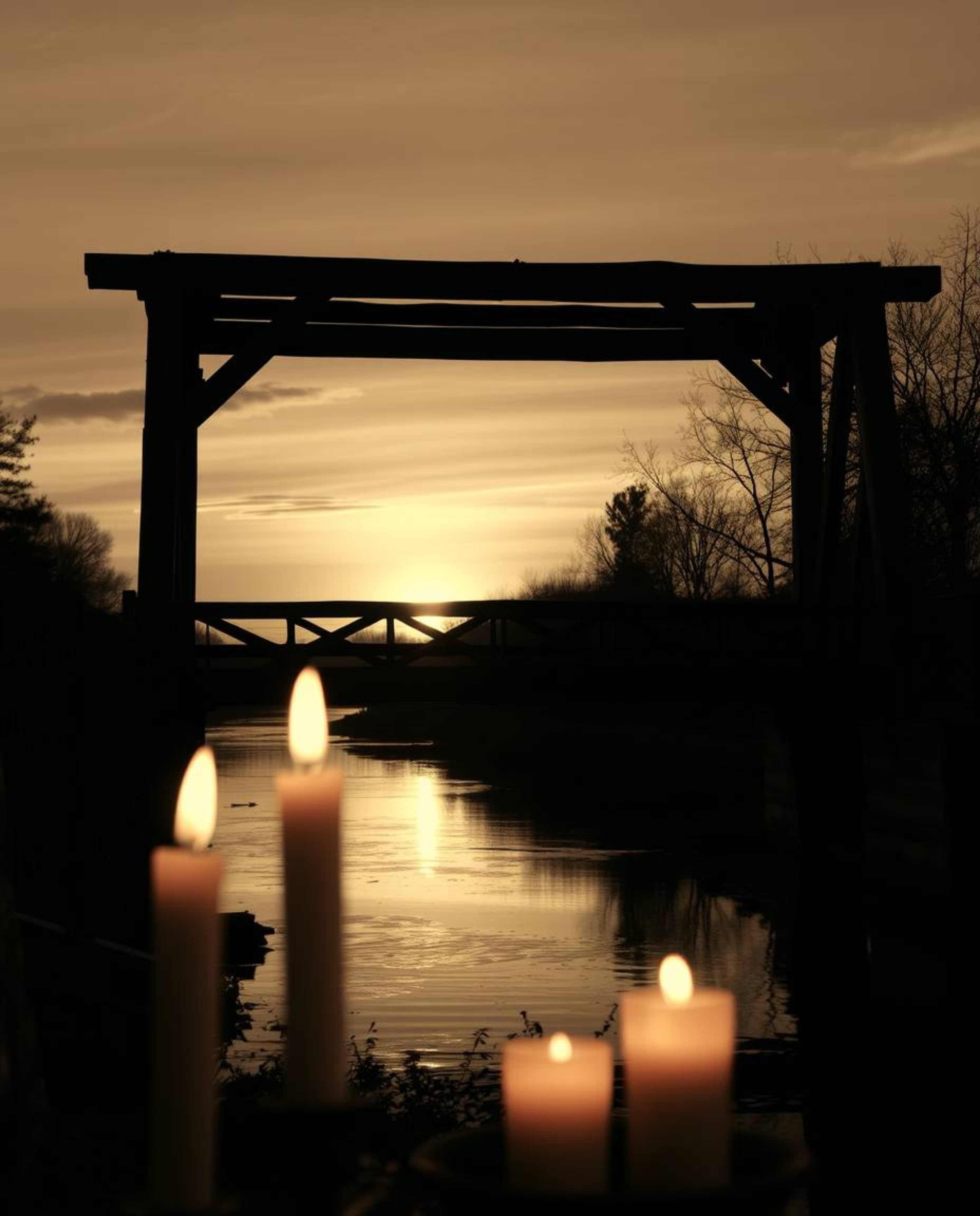A classic black and white photograph of an old wooden bridge over a river at sunset. The scene is uniquely illuminated by war