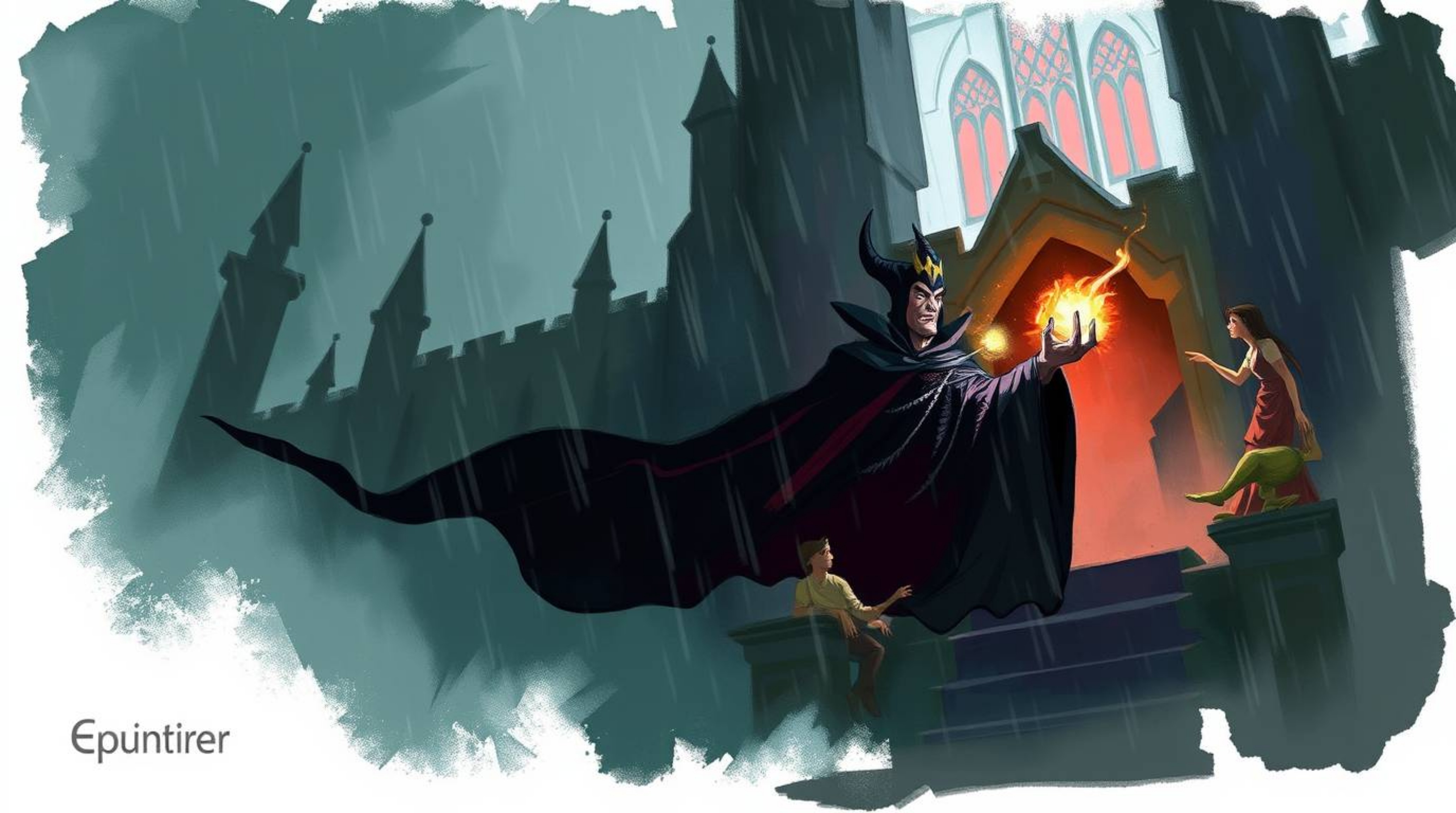 A digital sketch depicts a classic Disney villain casting a spell within a rain-soaked, atmospheric castle. The painterly sty
