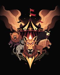 A captivating logo design concept featuring a carnival scene unexpectedly taken over by wild animals, evoking an ethereal and
