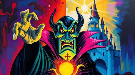 This captivating acrylic painting features a classic Disney villain, rendered with exaggerated features and casting a spell w